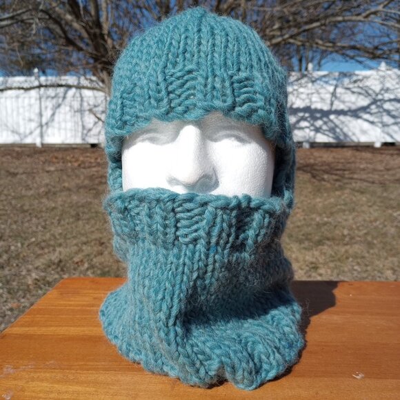 Men's Balaclava Knight Helmet Hat Beanie Neck Gaiter Hoodie Wool Sea Green M - Picture 3 of 13
